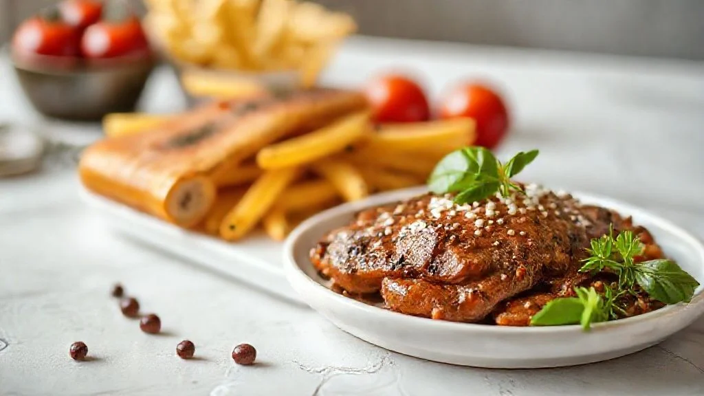 A stunning, ultra-high-resolution, macro close-up of a single, perfectly plated gourmet dish, perhaps a deconstructed dessert (e.g., spheres of fruit compote, delicate meringue shards, edible flowers on a creamy base) or an artisanal appetizer. Focus intensely on intricate textures, vibrant natural colors (deep berry reductions, glistening sauces), and elegant, minimalist ceramic plating. The lighting is soft, dramatic, and evokes a sense of anticipation and refined luxury. The background is artfully blurred with a cinematic depth of field, hinting at a sophisticated culinary environment. Crucially, no human presence. Style: Fine art photography, high-end culinary, ethereal lighting.