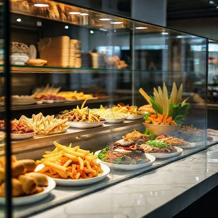 A sweeping, wide-angle shot of a meticulously organized, rustic-chic pantry or larder. The shelves are filled with artisanal jars of preserves, fresh seasonal produce in woven baskets, exquisitely cured meats hanging, and stacks of hand-thrown ceramic bowls. Everything is arranged with precision, showcasing a dedication to quality ingredients and artisanal craftsmanship. Soft, warm ambient light permeates the scene. Style: Architectural food photography, sense of abundance, order, and curated quality.