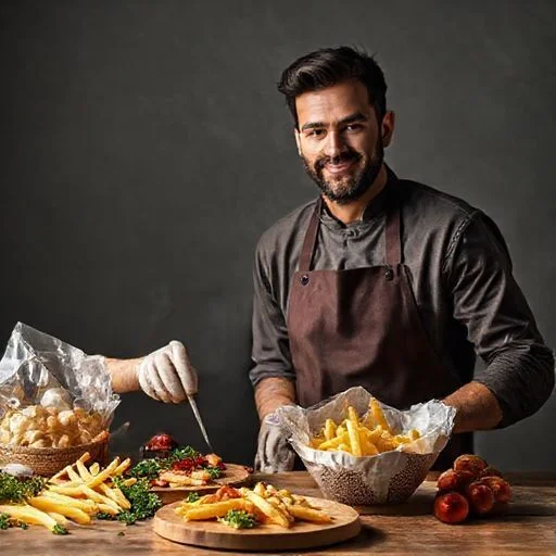 A beautifully arranged, slightly antique collection of classic culinary tools, meticulously composed on a dark, textured stone or slate surface. Examples include a hand-forged chef's knife with a worn wooden handle, a well-used wooden cutting board, a brass mortar and pestle, and a few dried herbs. The composition should suggest history, seasoned craftsmanship, and profound dedication to the culinary arts. Soft, dappled lighting creates dramatic shadows and highlights. Style: Vintage still life, artistic, evocative of mastery and tradition.