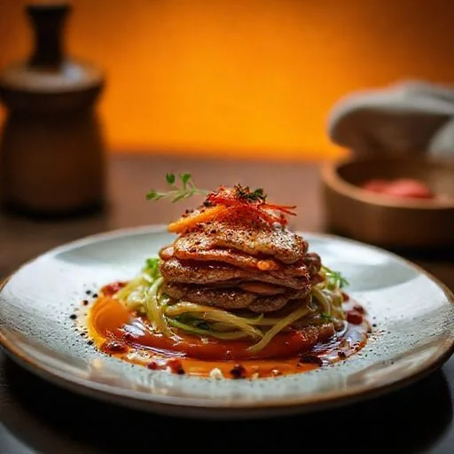 An exquisite, art-directed close-up of a meticulously arranged dessert, perhaps a deconstructed tiramisu (layers of cocoa powder, cream, ladyfingers) or a vibrant fruit tart (glistening fresh berries, delicate pastry). Emphasize layers, varied textures (creamy, crisp, airy), and precision in every component. The dish is placed slightly off-center on a minimalist, textured ceramic plate against a dramatic, dark background. Soft, directional studio lighting to highlight contours and edible glitter. Style: High-end culinary photography, artistic, inviting, almost sculptural.